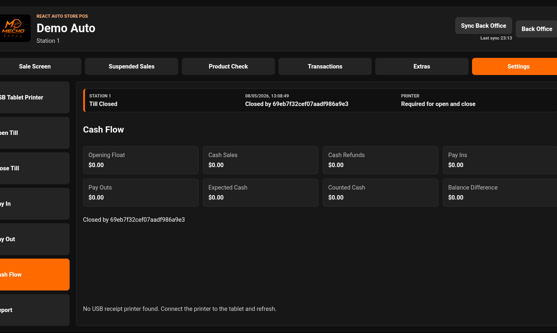 Mecho POS cashflow screen