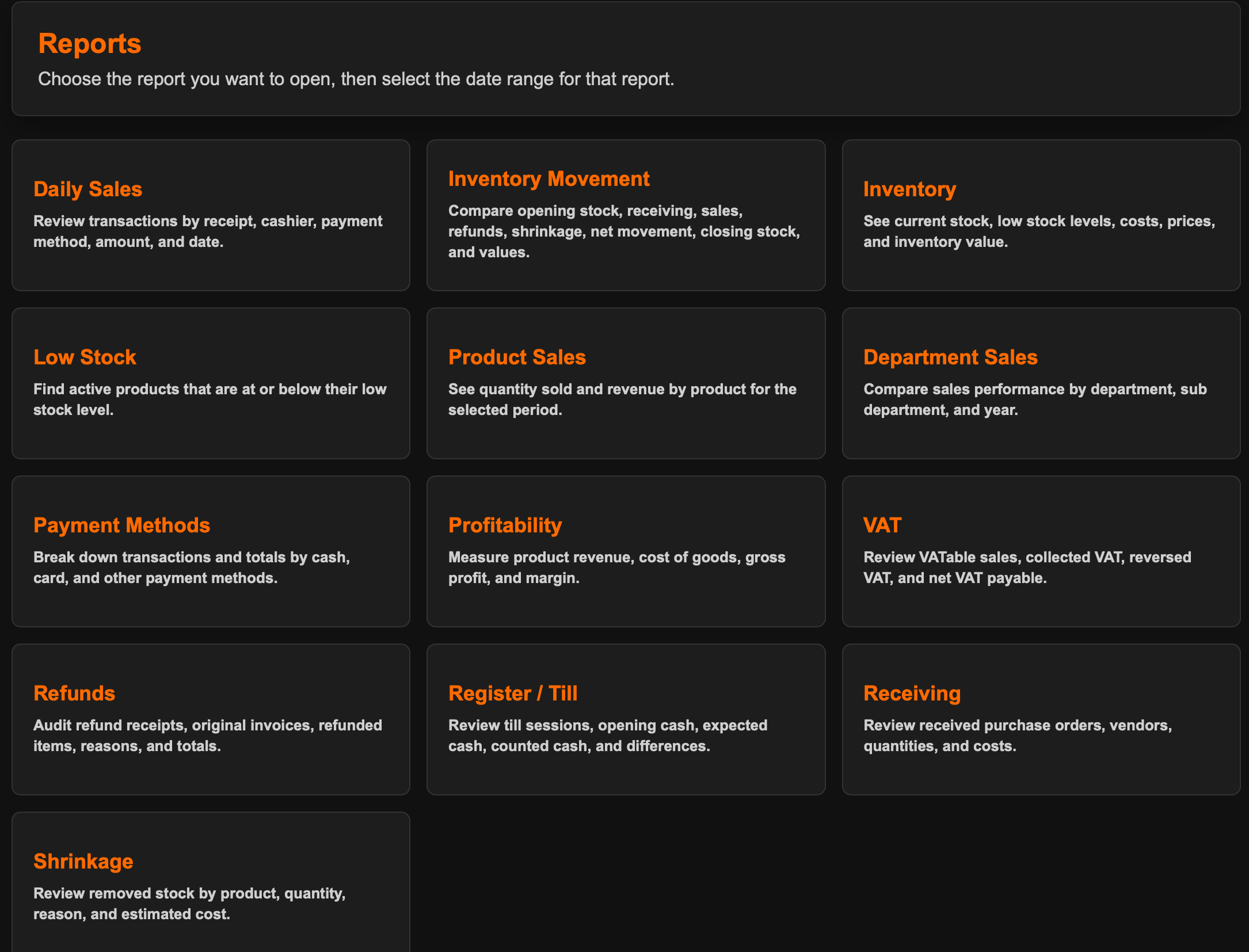Mecho POS reports screenshot