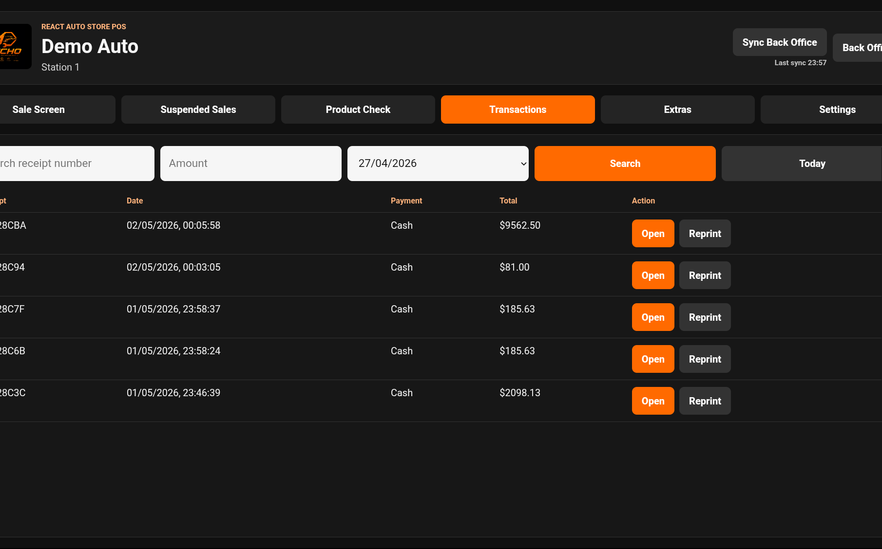 Mecho POS transactions history screen